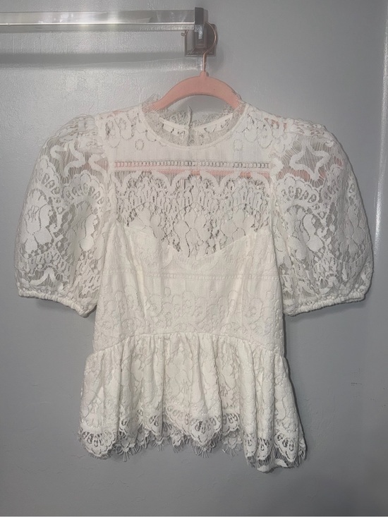 SAYLOR Tops - SAYLOR White Lace Puff-Sleeve Peplum Blouse